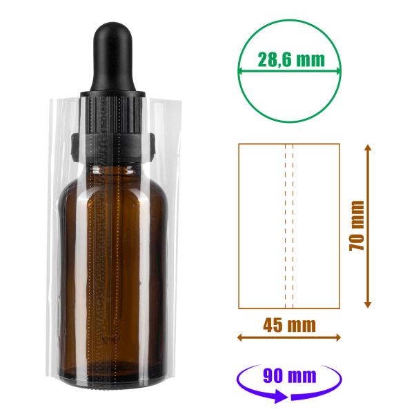 Transparente Schrumpffolie 70x45mm mit Perforation für Flaschen und Verpackungen, Durchmesser bis 28,6mm