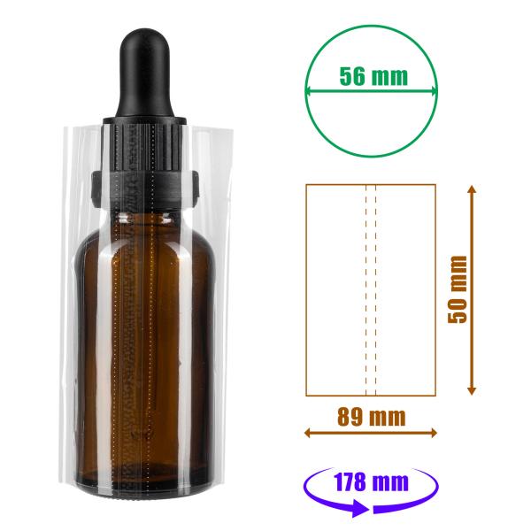 Transparente Schrumpffolie 50x89mm mit Perforation für Flaschen und Verpackungen, Durchmesser bis 56mm